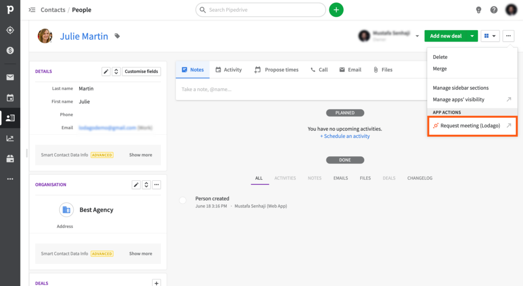 pipedrive request meeting