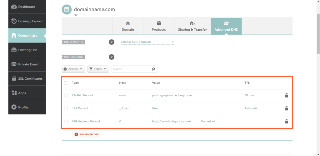 Namecheap records