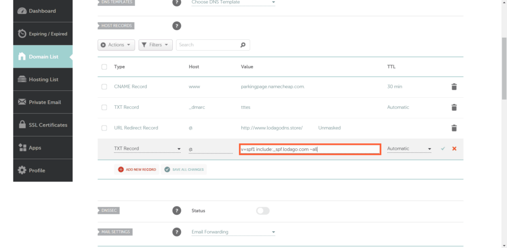 Namecheap SPF modify