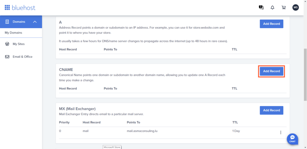 Bluehost add cname