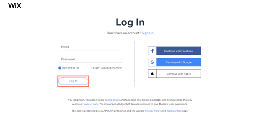 Log in wix