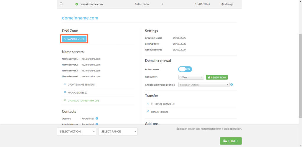 Manage zones eurodns